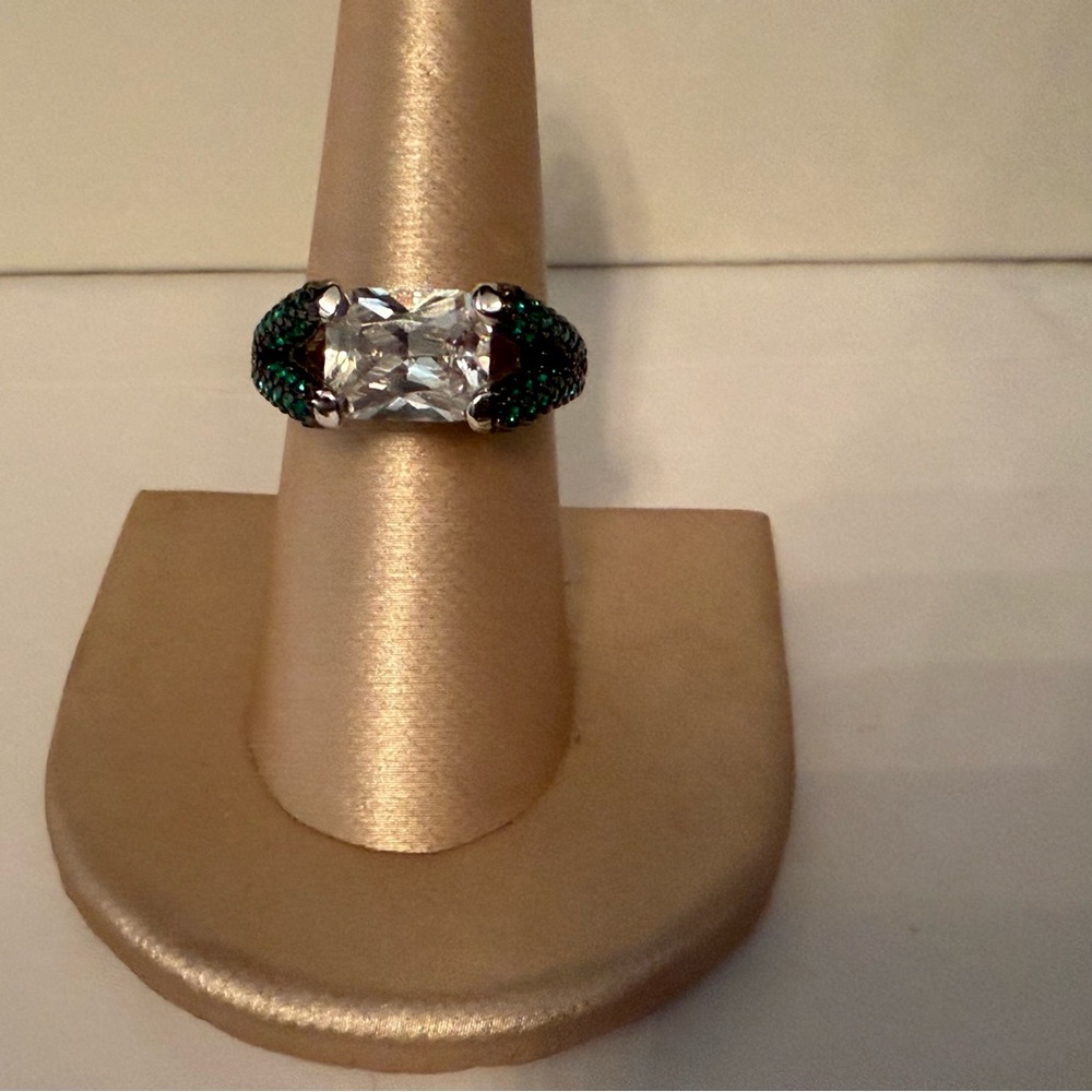 PAJ RING SILVER PLATE CUBIC ZIRCONIA STATEMENT CZ GREEN PAVE BLING ICE SIZE 8 - Picture 2 of 11